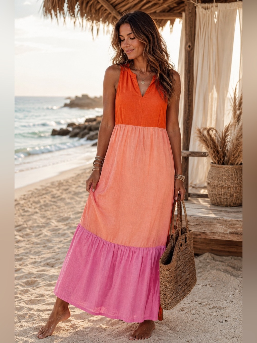 J Jill Sunset Sorbet Colorblock Maxi Dress Boho Beachy Sleeveless Dress | Size L